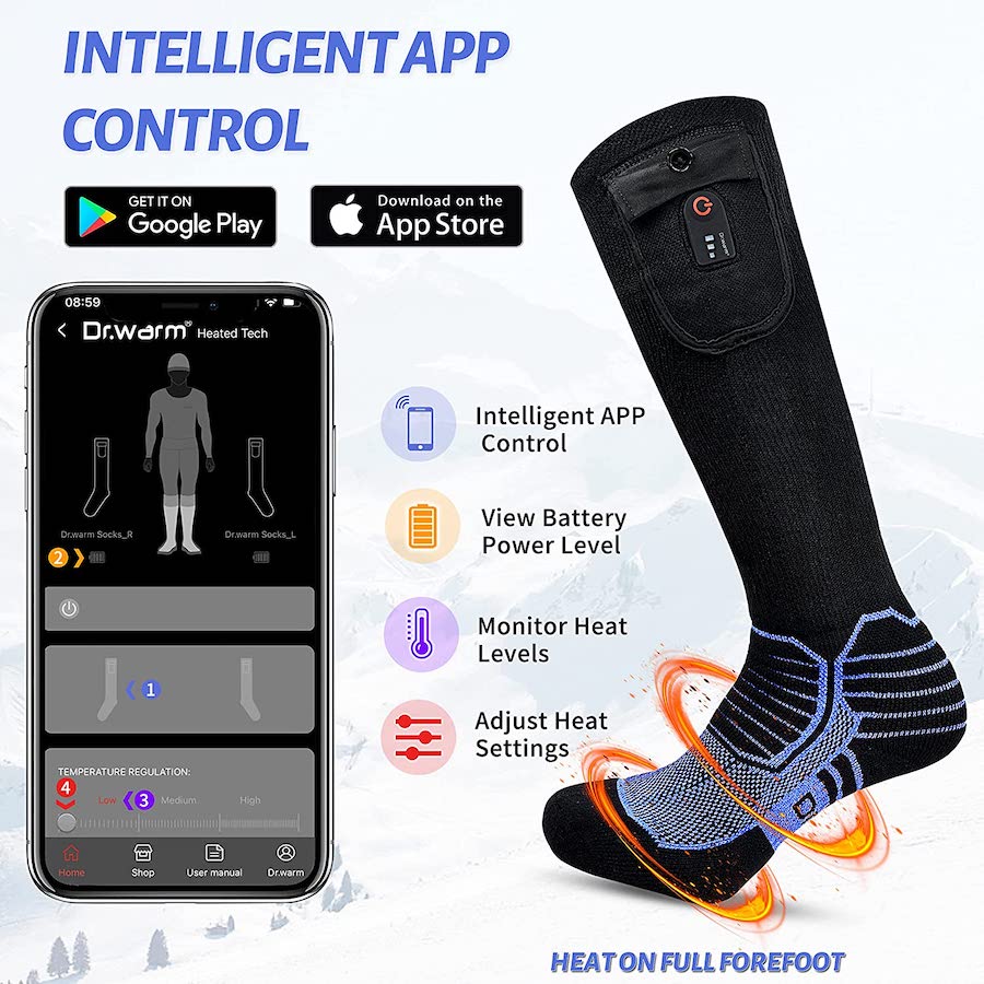 Elektriske sokker oppvarmet - styring via mobil app for smarttelefon