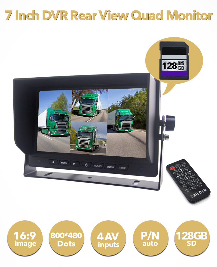 7-tommers DVR for 4 kameraer og 128 GB SDXC-kort