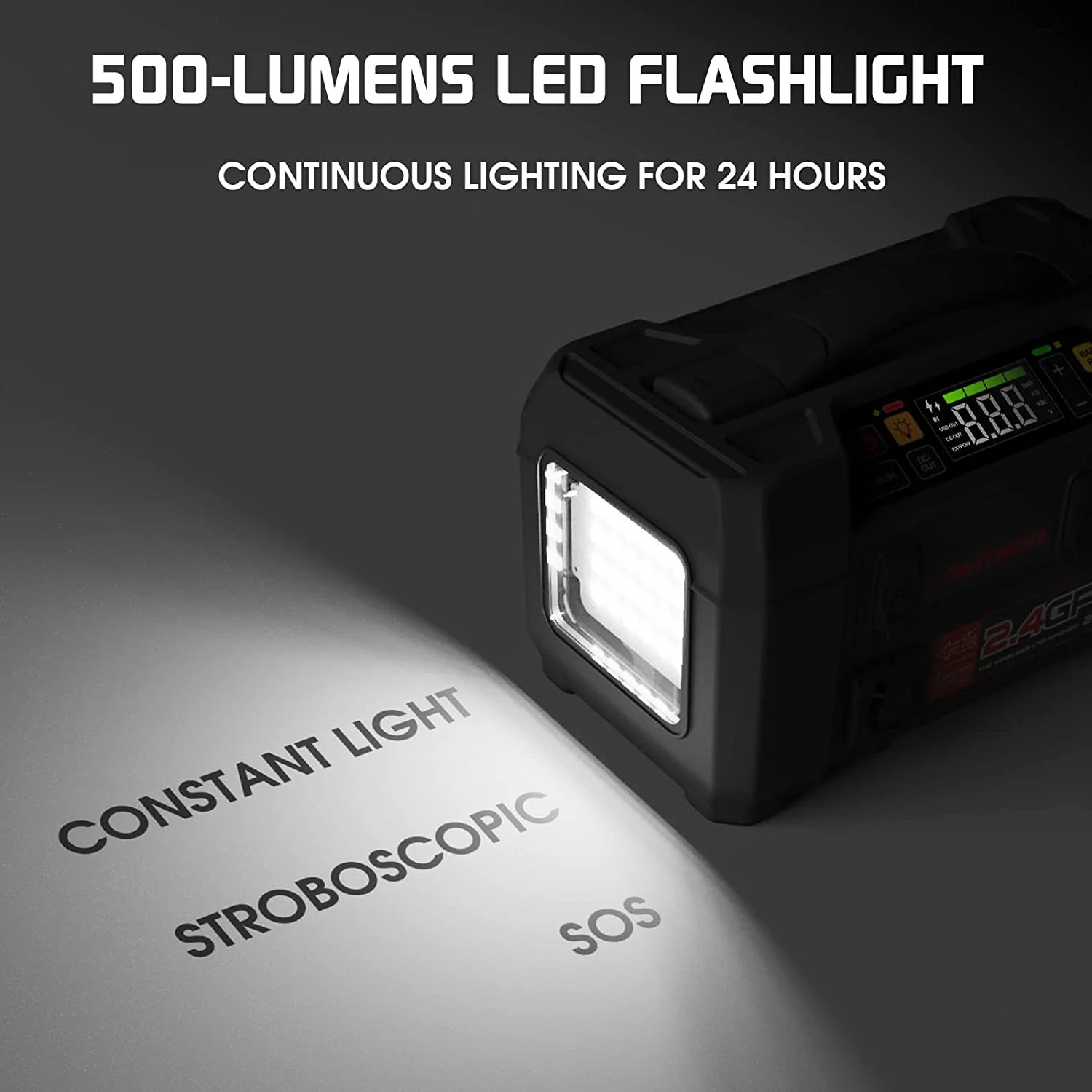 bilstarter 500 lumen LED-lommelykt + kompressor og powerbank