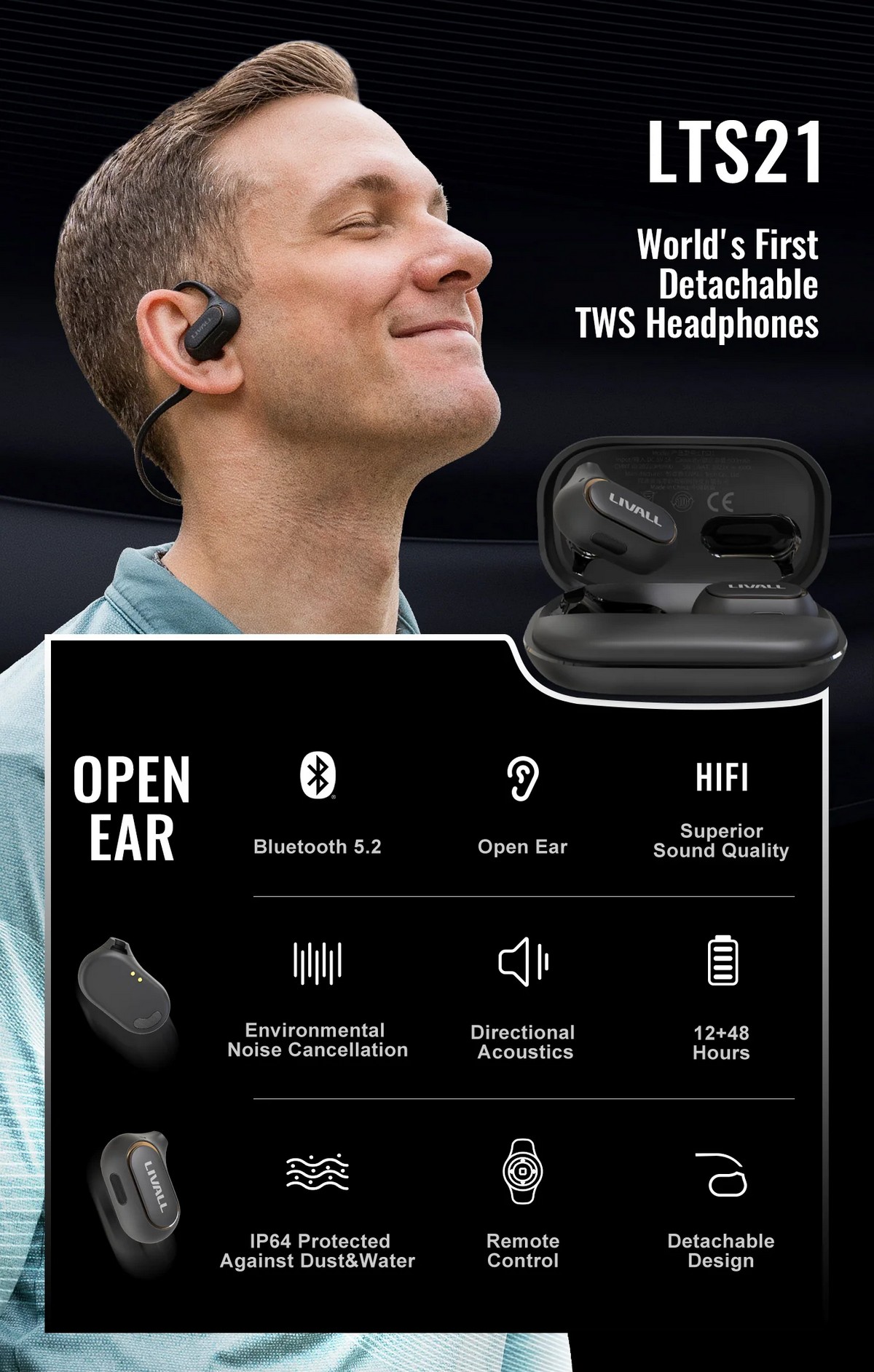 Trådløse sportshodetelefoner med bluetooth - avtagbar åpen-øre-design