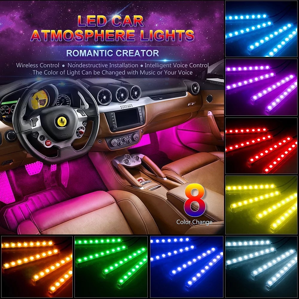 Necklet fred Ørken LED-lysstrimler for bil LED – farge interiørbelysning – 4x18 RGB LED-lys +  fjernkontroll + lydsensor | Cool Mania