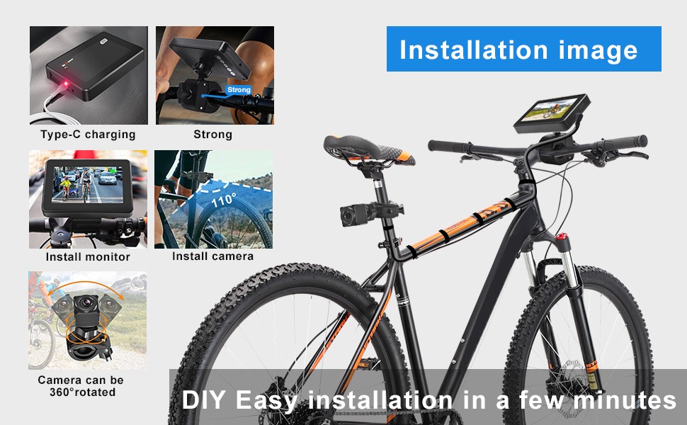 bakre sykkelkamera med monitorsett for sykkel