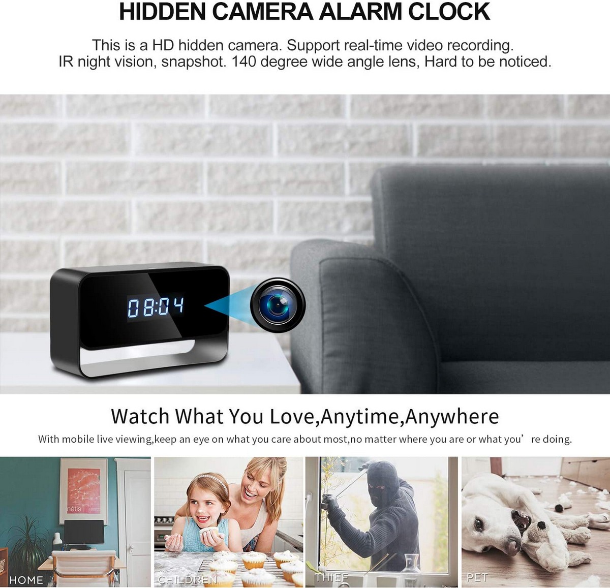 wifi-kamera til leiligheten gjemt i vekkerklokken