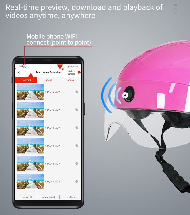 motorsykkelhjelm kamera wifi-tilkobling via app-smarttelefon