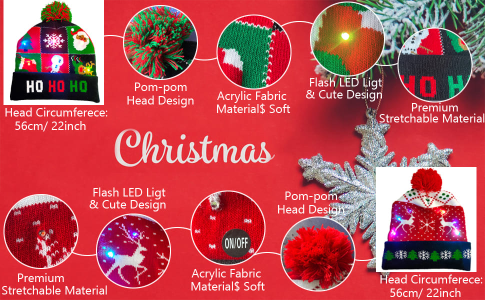 Unisex strikkelue for vinteren med ulike design opplyst med LED-lys