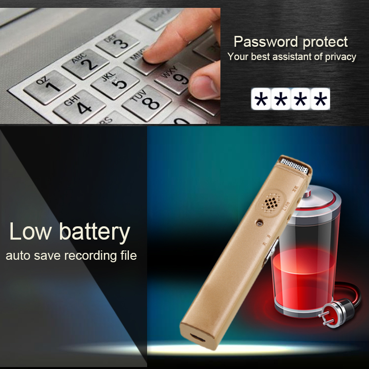 stemmeopptaker med passordbeskyttelse og indikator for lavt batterinivå